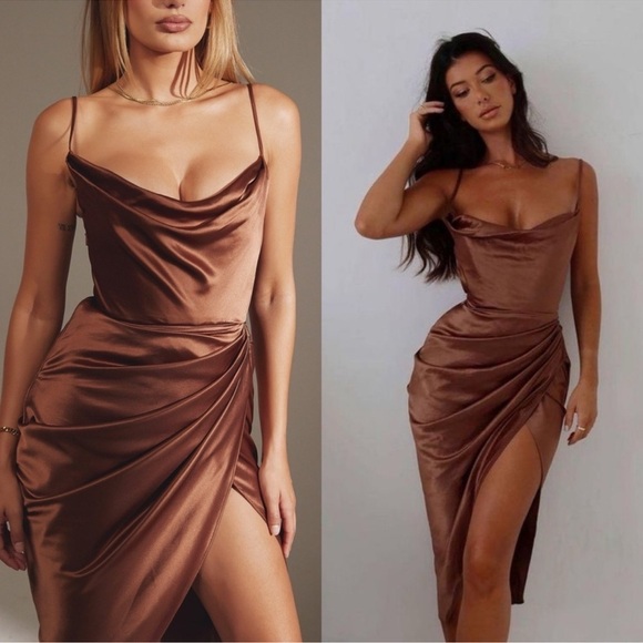 House of CB Dresses & Skirts - NWOT House of CB Reva Satin Gathered Toffee Brown Corset Dress sz XS